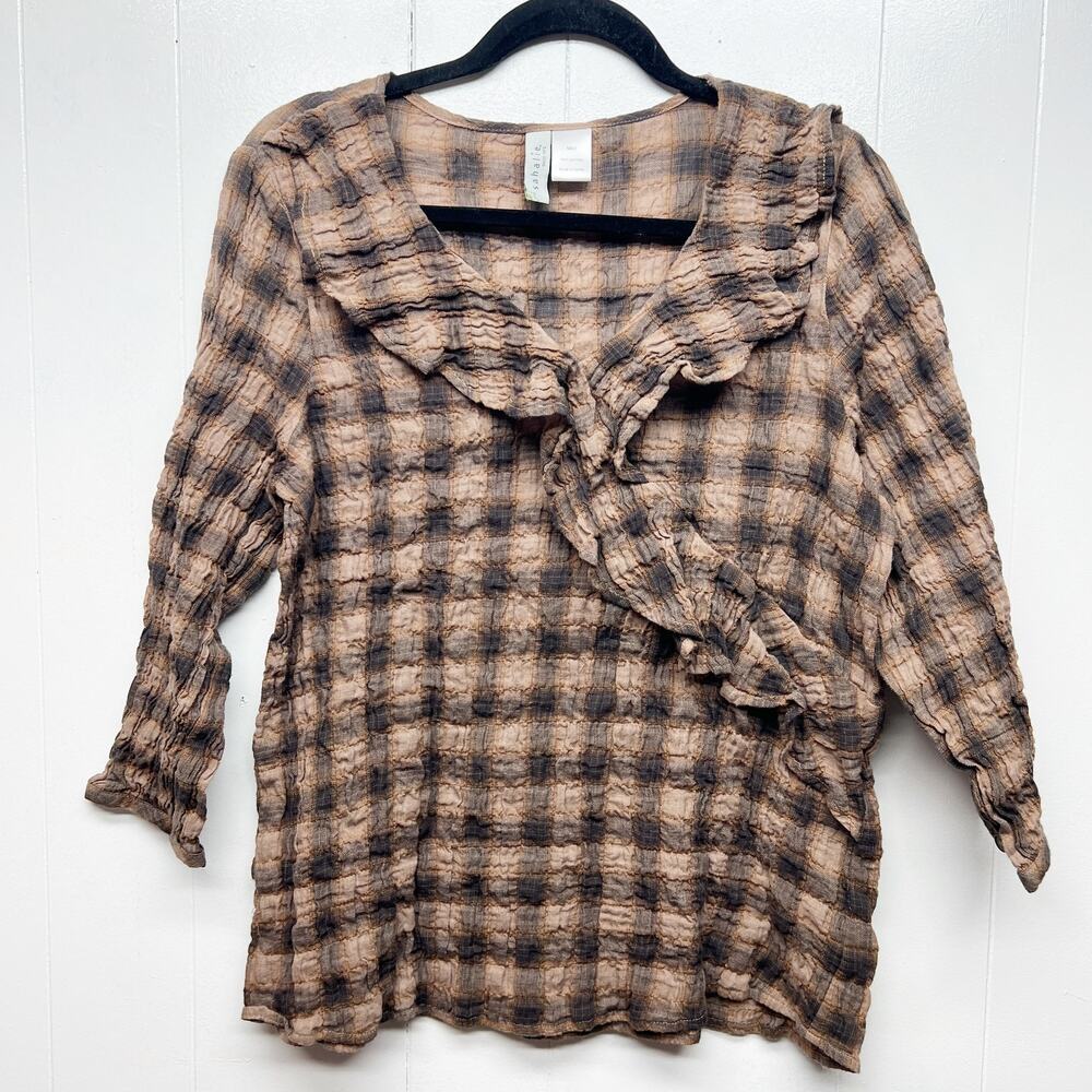 Sahalie Gingham Print Women's Ruffle Neck 3/4 Sleeve Cotton Top Size Medium